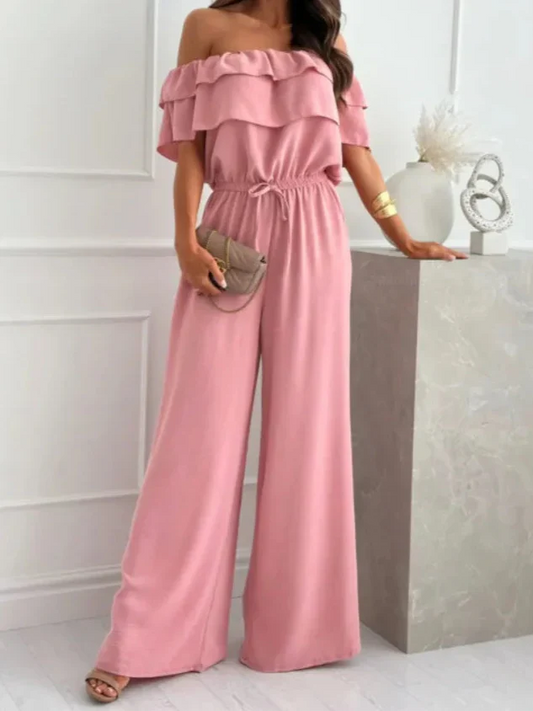 Women’s Jumpsuit – Off Shoulder Ruffle Neckline – Wide Leg – Breathable Blend – Cinched Waist
