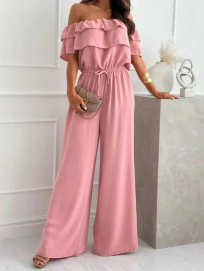 Women’s Jumpsuit – Off Shoulder Ruffle Neckline – Wide Leg – Breathable Blend – Cinched Waist