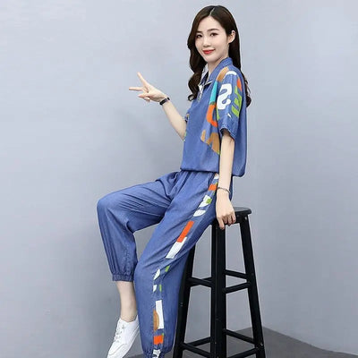 Women's Casual Two-Piece Set with Crop Top and Pants for Spring/Summer