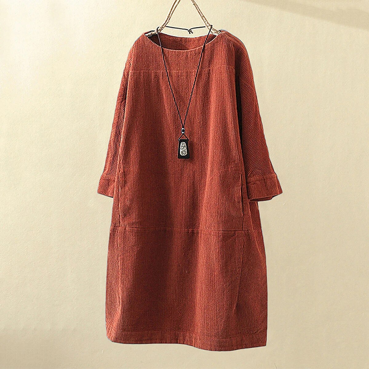 Women's Corduroy Dress - Relaxed Fit - Knee-Length - 3/4 Sleeve Minimalist Style