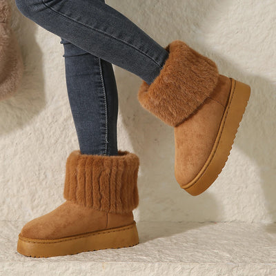Women’s Snow Boots – Half-High Knit with Faux Fur Trim – Thick Sole Supportive Fit