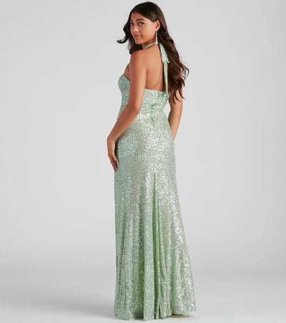 Women's Evening Prom Gown - Sequin Halter Neck - Cut-Out Bodice - High Slit Floor-Length