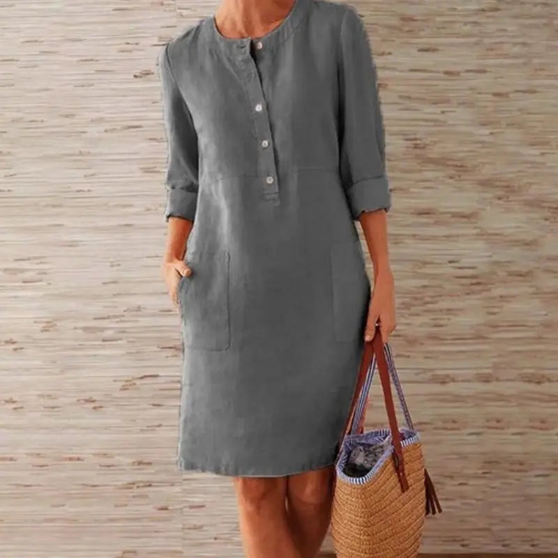 Women’s Casual Button-Up Midi Dress – Relaxed Fit 3/4 Sleeve Tunic Dress with Pockets