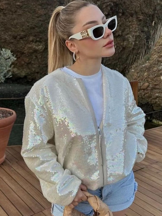 Women’s Bomber Jacket – Relaxed Fit – Sequin Embellished – Ribbed Trim – Zip Closure