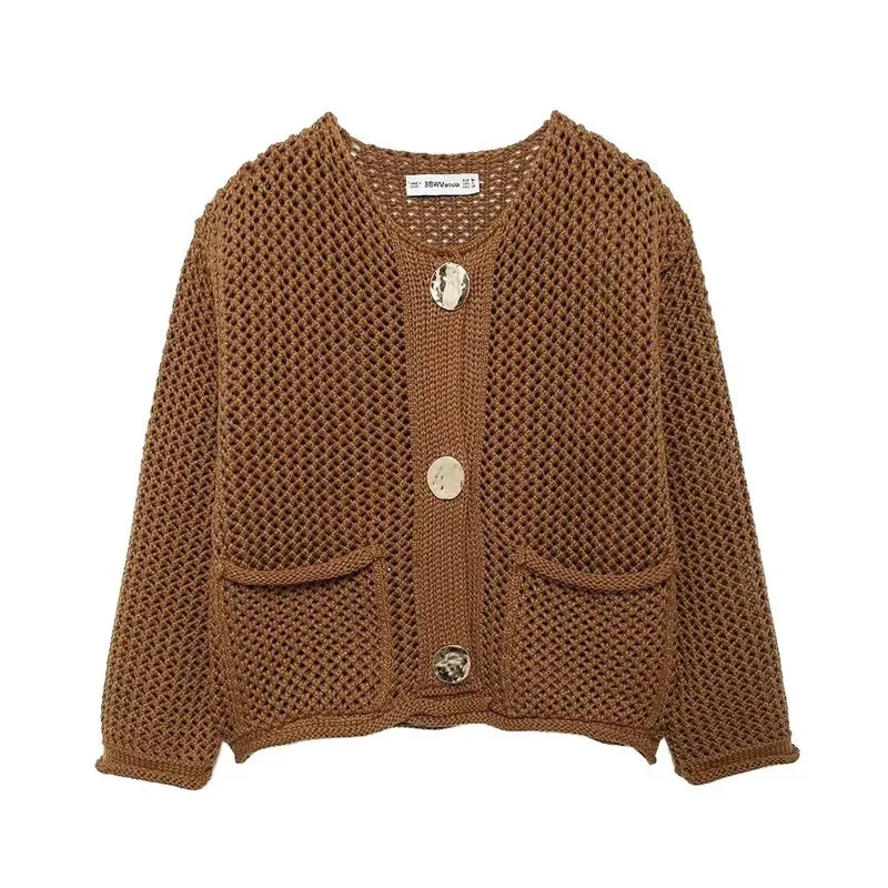 Mesh-knit cardigan with front pockets for women