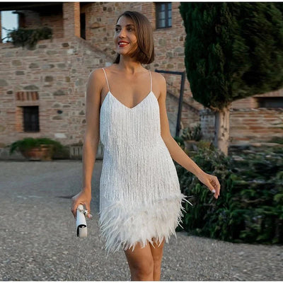 Women's Cocktail Dress - V-Neck Spaghetti Straps - Fringe & Feather Details - Elegant Party Wear