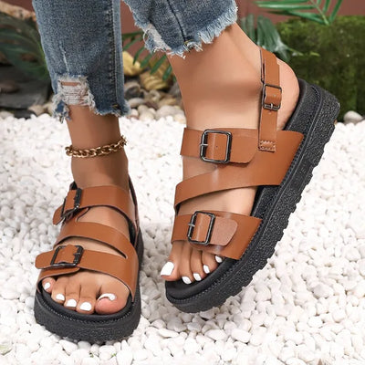 Women’s Sandals – Flat Sole – Open Toe – Adjustable Straps with Buckle – Casual Fit