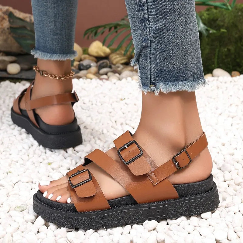 Women’s Sandals – Flat Sole – Open Toe – Adjustable Straps with Buckle – Casual Fit