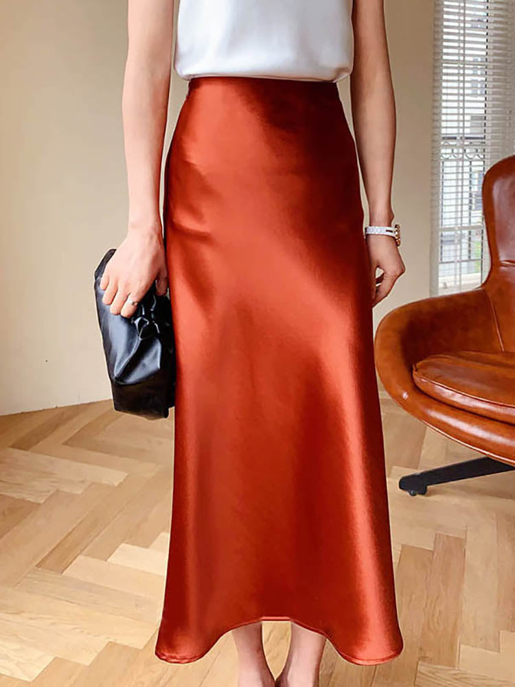 Women's Satin Midi Skirt - Elegant Flowing A-Line - Smooth Glossy Finish