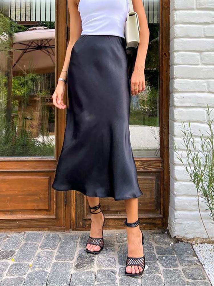 Women's Satin Midi Skirt - Elegant Flowing A-Line - Smooth Glossy Finish