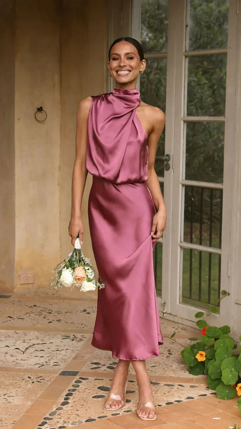 Women's Satin Midi Dress - One-Shoulder Draped Design - Fitted Waist Elegant Evening Wear