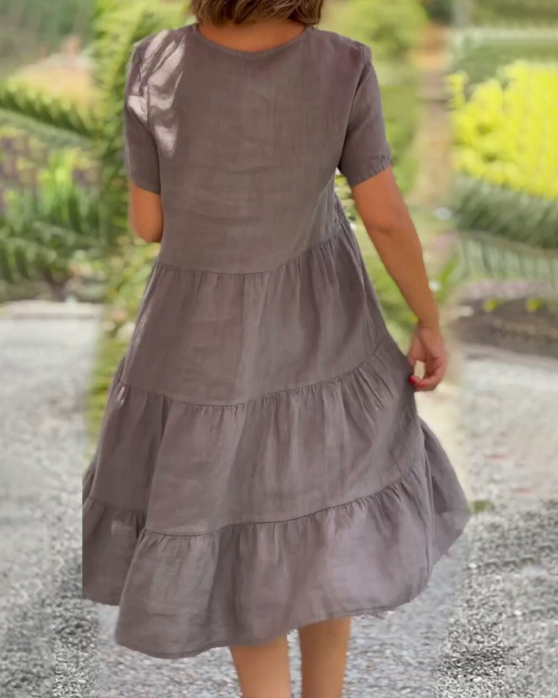 Women's Midi Dress - V-Neck - Short Sleeve - Loose Fit Tiered Design