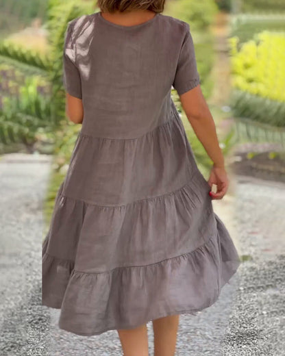 Women's Midi Dress - V-Neck - Short Sleeve - Loose Fit Tiered Design