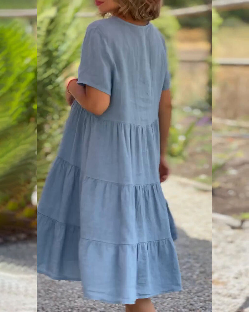 Women's Midi Dress - V-Neck - Short Sleeve - Loose Fit Tiered Design