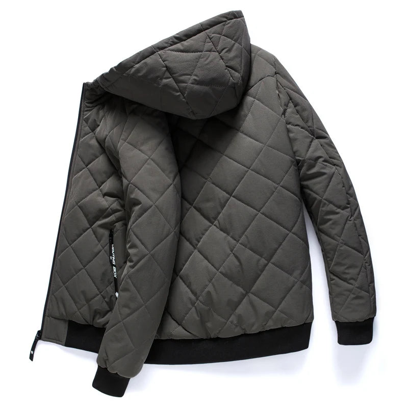 Men’s Quilted Jacket - Hooded - Diamond Stitch - Ribbed Cuffs & Hem - Zipped Pockets