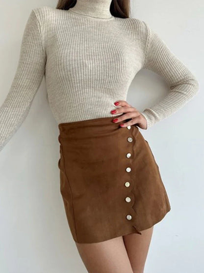 Women’s Mini Skirt – Suede Slim Fit – A-Line Shape – Side Button Detail