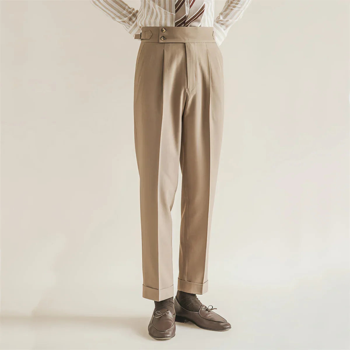Men’s Tailored Trousers – High-Rise – Pleated Front – Cuffed Hem