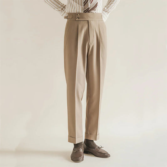Men’s Tailored Trousers – High-Rise – Pleated Front – Cuffed Hem