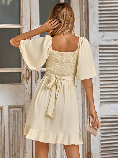 Women’s Wrap Dress – A-Line Flared Skirt – Ruffled Hem – Elbow Sleeve – V-Neck