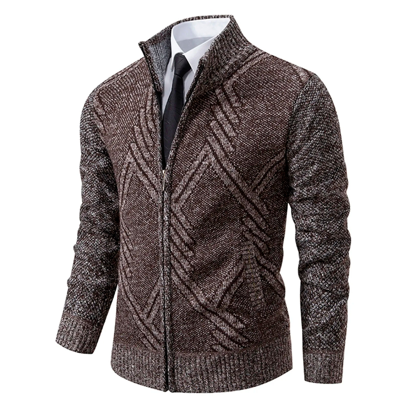 Men’s Knitted Cardigan - Wool Blend - Zip-Up High Neck - Tailored Fit - Ribbed Cuffs