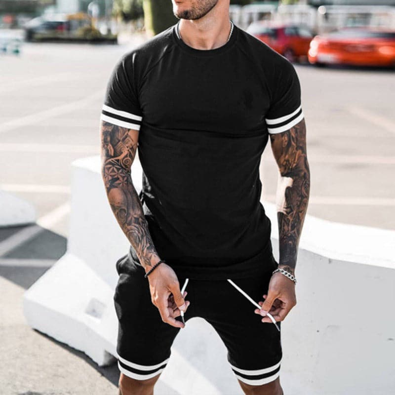 Men’s Athletic Set – Slim Fit – Breathable Stretch Fabric – Short Sleeve Top & Shorts
