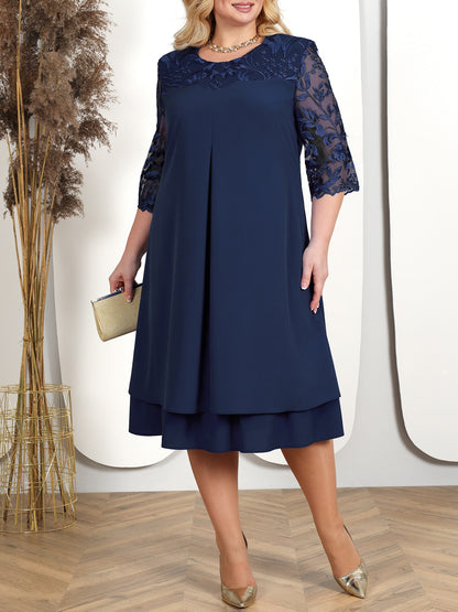 Women's A-Line Dress - Knee Length - Sheer Embroidered Mid Sleeves - Layered Skirt
