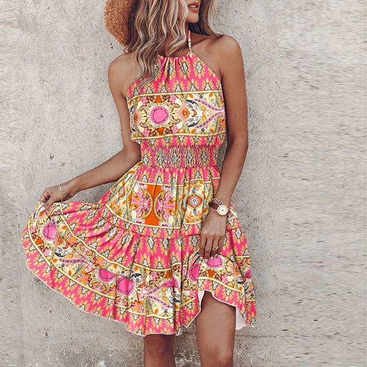 Women’s Mini Dress – Relaxed Fit – Halter Neck – Smocked Waist – Bohemian Print – Breathable Blend