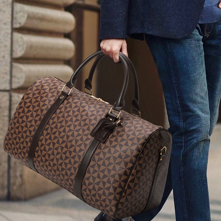Men’s Travel Bag – Structured Cylindrical Design – Dual Carry Options – Geometric Pattern