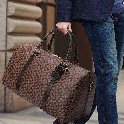 Men’s Travel Bag – Structured Cylindrical Design – Dual Carry Options – Geometric Pattern