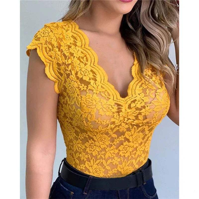 Women's Lace Bodysuit - Floral Pattern - Plunging V-Neck - Cap Sleeves - Fitted Elegant Wear