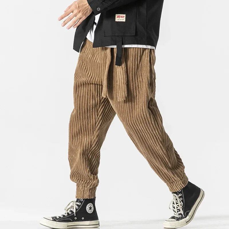 Men's casual loose ribbed harem corduroy pants with belt