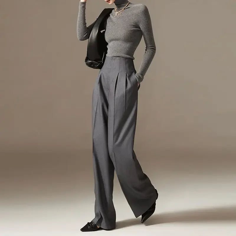 Women’s Wide-Leg Trousers – High Waist – Tailored Pleats – Full Length Woven Fabric