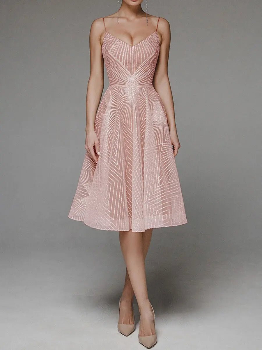 Women's Cocktail Dress - A-Line Fit - V-Neck Spaghetti Straps - Knee-Length Elegant Wear
