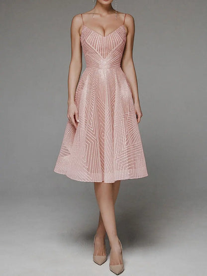Women's Cocktail Dress - A-Line Fit - V-Neck Spaghetti Straps - Knee-Length Elegant Wear