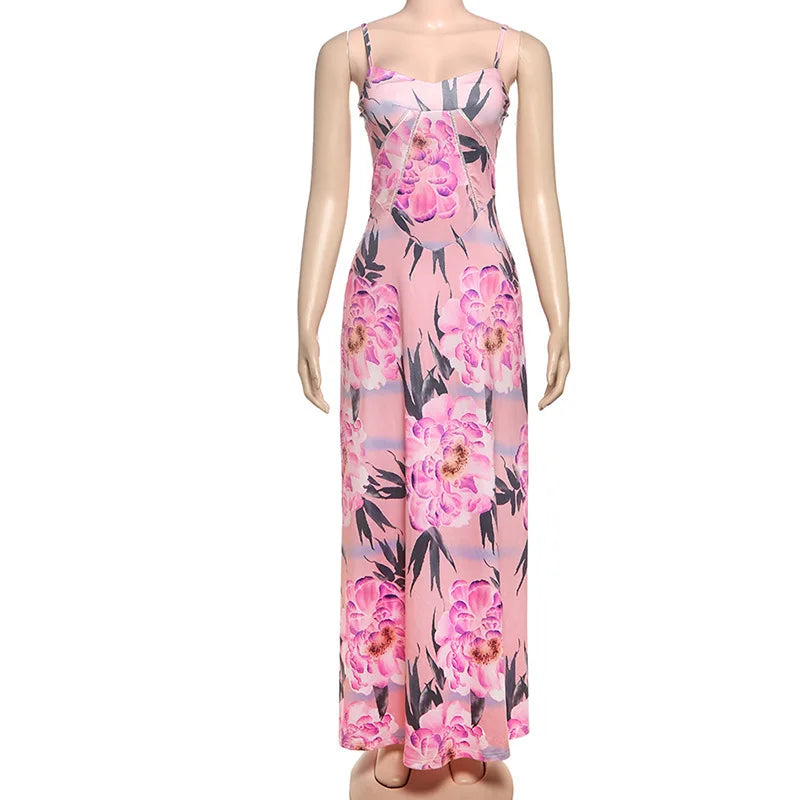 Women's Maxi Dress - Spaghetti Strap - Floral Print - Elegant Flowy Formal Wear