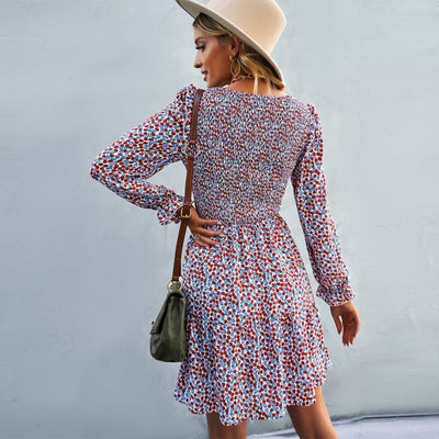 Women's Floral Mini Dress - A-Line Silhouette - Smocked Waist - Long Sleeve Round Neck