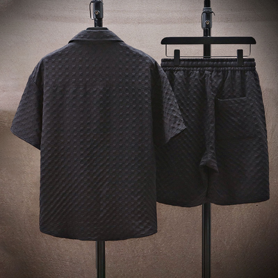 Men’s Two-Piece Set - Textured Short-Sleeve Shirt & Elastic Waist Shorts - Casual Fit