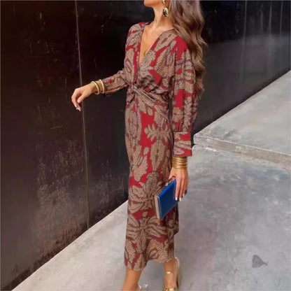 Women's Midi Wrap Dress - V-Neck - Long Sleeve - Elegant Pattern - Adjustable Fit