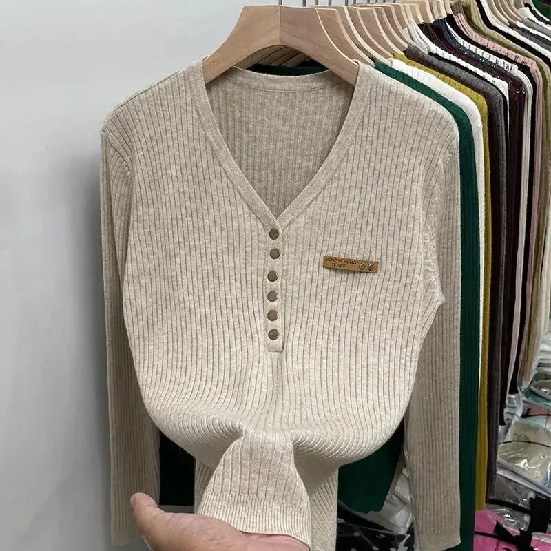 Women's V-neck warm sweater with and button details