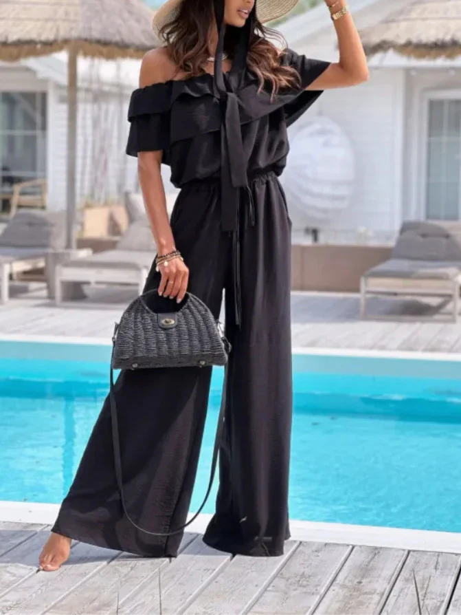 Women’s Jumpsuit – Off Shoulder Ruffle Neckline – Wide Leg – Breathable Blend – Cinched Waist