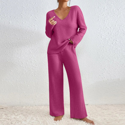 Women's Ribbed Knit Loungewear Set - V-Neck Sweater & Wide-Leg Trousers - Soft Stretch Fabric