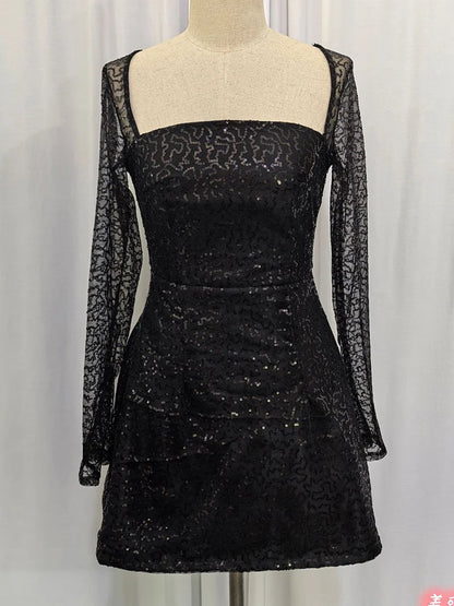 Women's Mini Prom Dress - Sequin Bodycon - Square Neck - Long Sleeve Party Wear