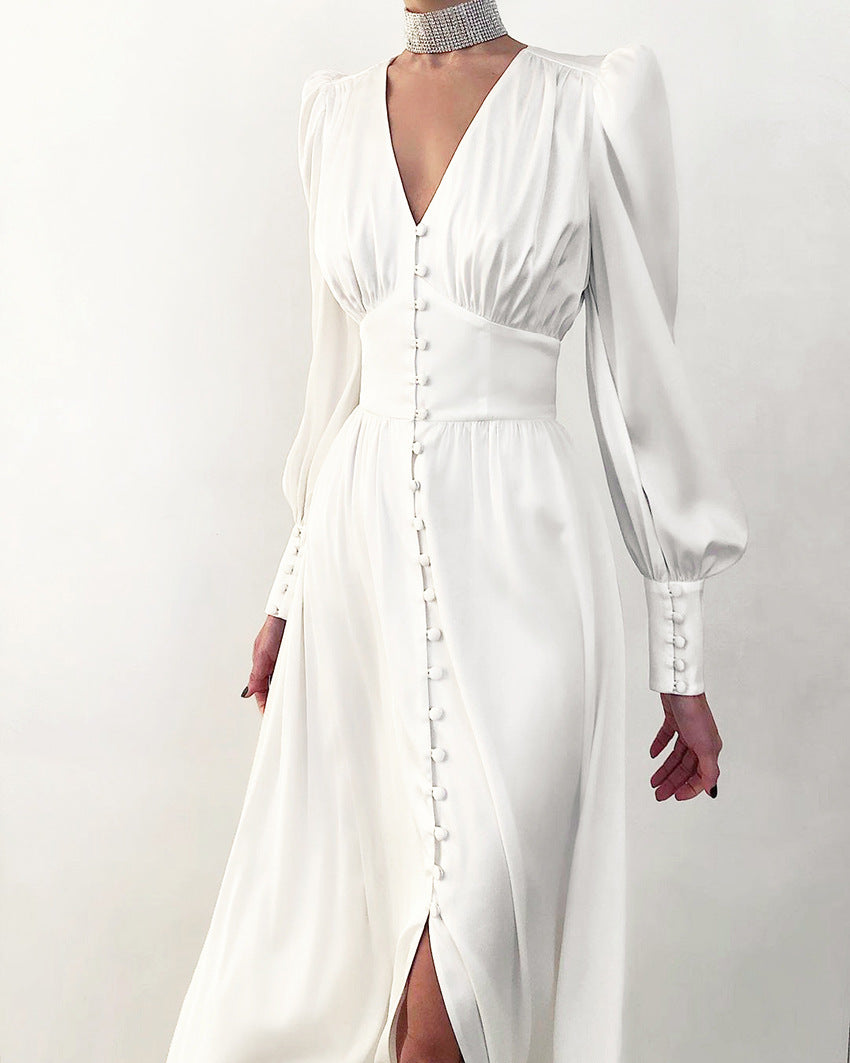 Women's Midi Dress - Satin Finish - V-Neck - Puff Sleeve - Button Front Elegant Fit