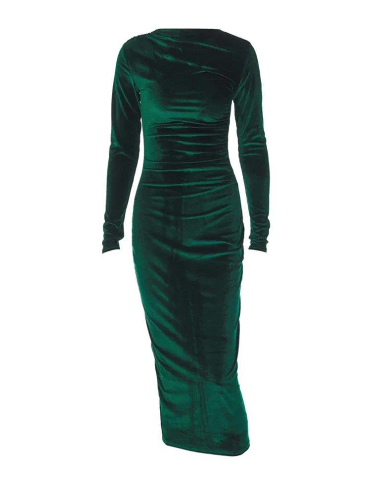 Women's Bodycon Dress - Long Sleeve Stretch Fit - Midi Length Ruched Elegant Wear