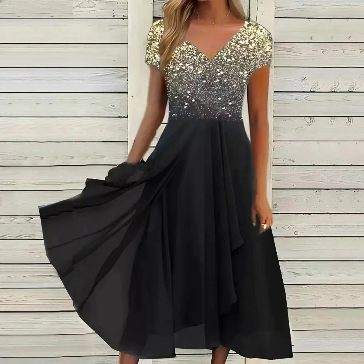 Women's Midi Dress - V-Neck - Short Sleeve - Floral Print - Flowing A-Line Silhouette