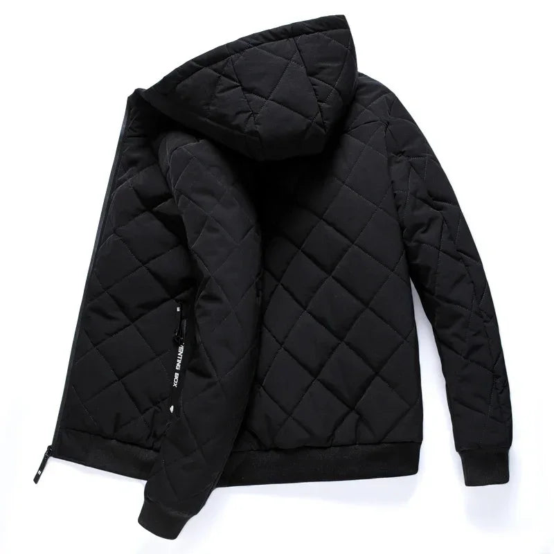 Men’s Quilted Jacket - Hooded - Diamond Stitch - Ribbed Cuffs & Hem - Zipped Pockets