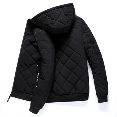 Men’s Quilted Jacket - Hooded - Diamond Stitch - Ribbed Cuffs & Hem - Zipped Pockets
