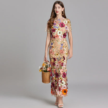 Women’s Maxi Dress – Fitted Silhouette – Sheer Mesh – Floral Embroidered Detail