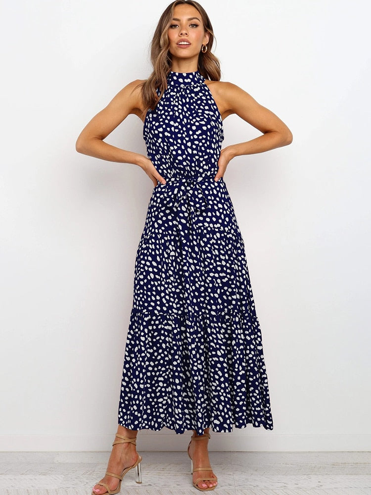 Women's Halter Midi Dress - Polka Dot Print - Fit-and-Flare - Waist Tie - Flowy