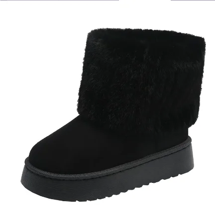 Women’s Snow Boots – Half-High Knit with Faux Fur Trim – Thick Sole Supportive Fit